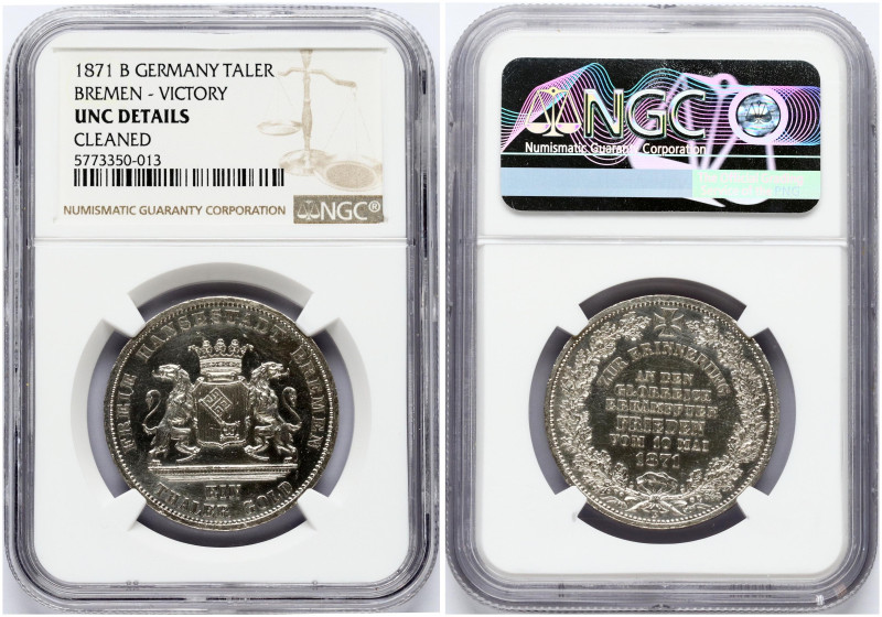 Germany BREMEN 1 Thaler 1871 B Victory Over France. Obverse: Crowned cornered ar...
