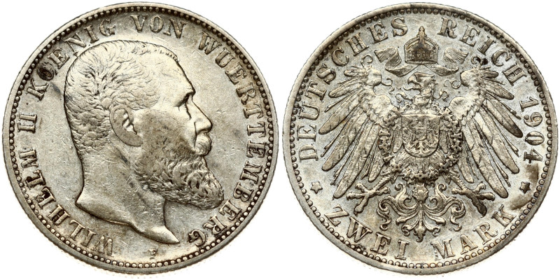 Germany WÜRTTEMBERG 2 Mark 1904F Wilhelm II(1891-1918). Obverse: Head right. Obv...