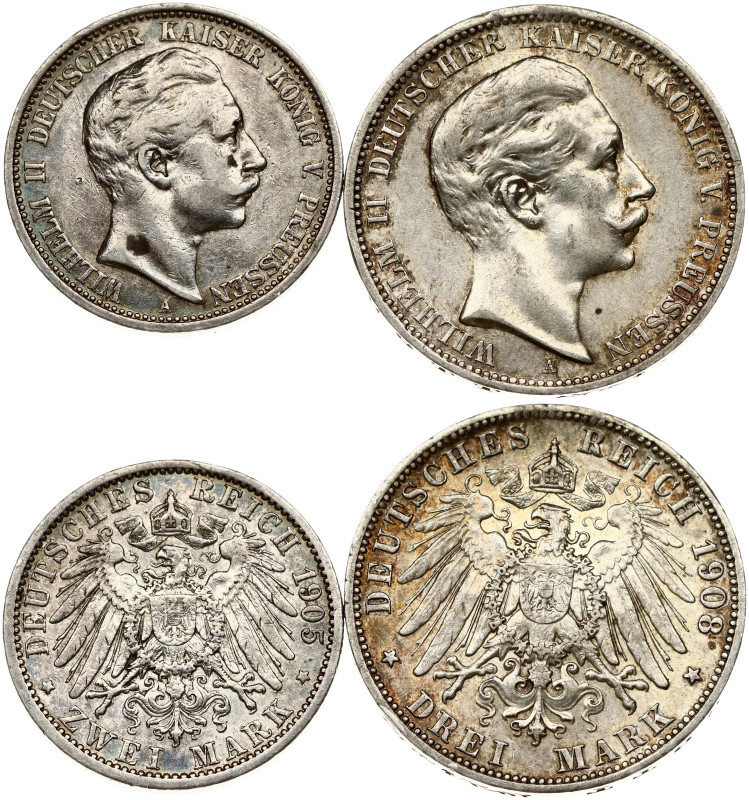 Germany, Prussia. Wilhelm II (1888-1918). 2-mark 1905 & 3-mark 1908. Silver 27.6...