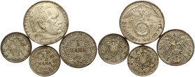 Germany 1/2 Mark - 5 Reichsmark (1905-1936) Lot of 4 Coins