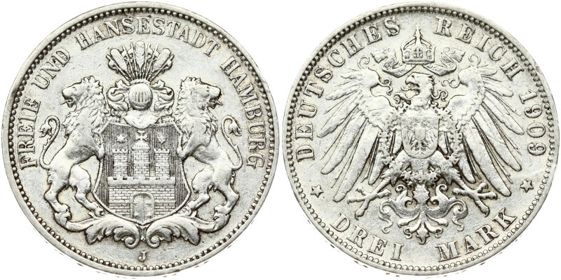 Germany HAMBURG 3 Mark 1909J Obverse: Three tower castle on helmeted shield with...