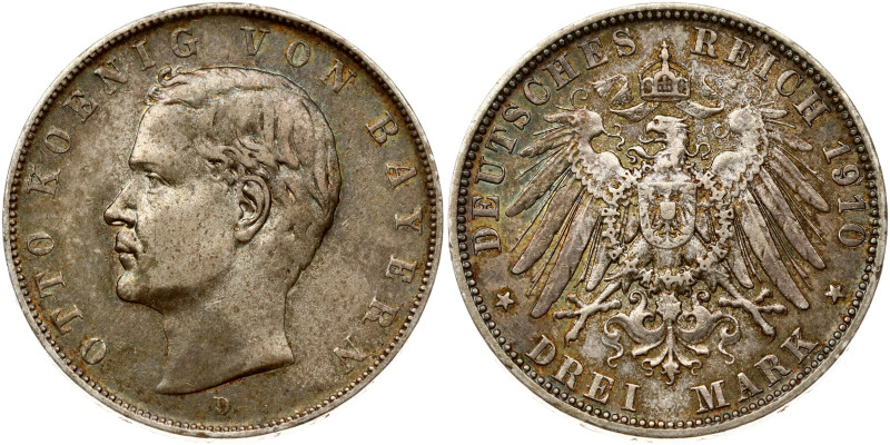 Germany, Bavaria. Otto (1886-1913). 3-mark 1910. Silver 16.63g. KM 996.