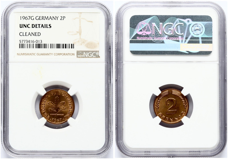 Germany Federal Republic 2 Pfennig 1967G. Obverse: Five oak leaves; date below. ...