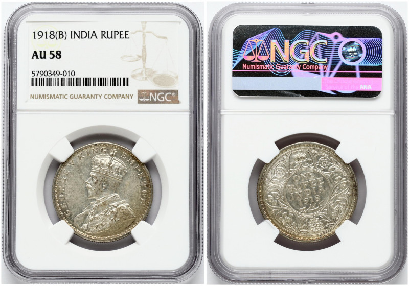 India - British 1 Rupee 1918(B) George V (1910-1936). Obverse: Crowned bust of K...