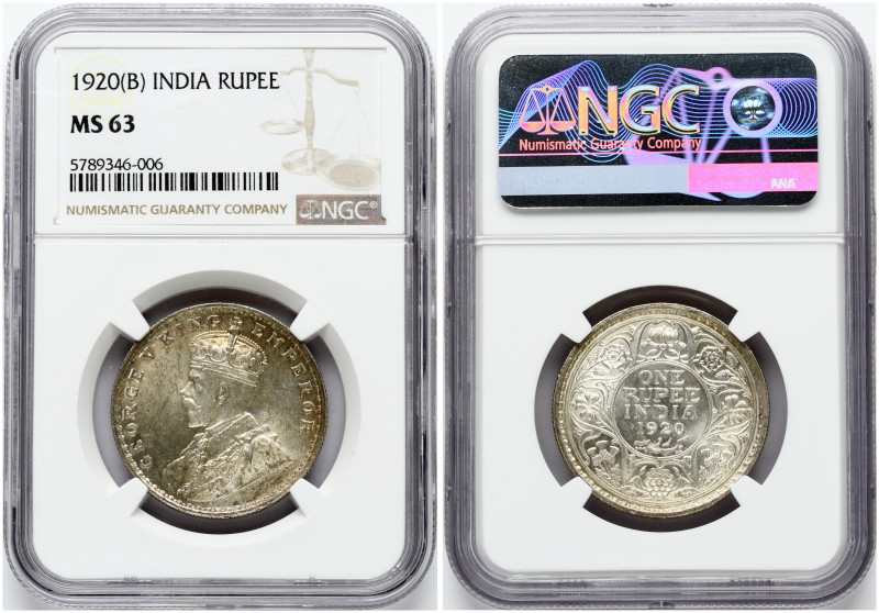 India - British 1 Rupee 1920(B) George V (1910-1936). Obverse: Crowned bust of K...