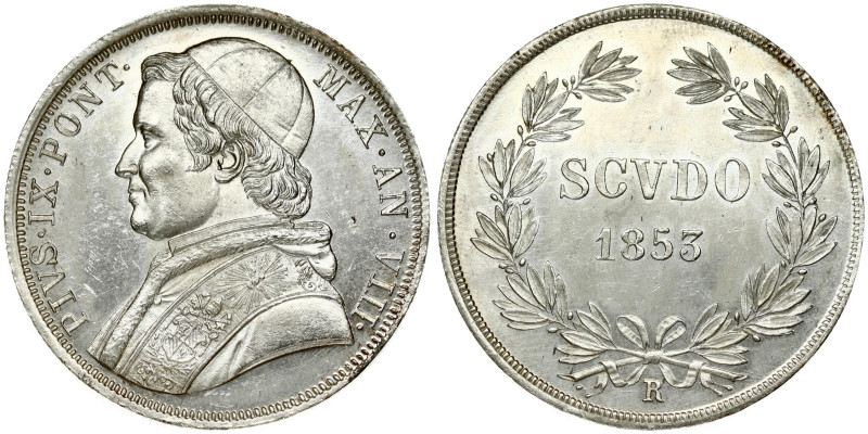 Italy PAPAL STATES 1 Scudo 1853-VIIIR. Pius IX(1846-1878). Obverse: Bust left; w...