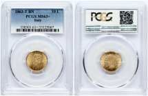 Italy 10 Lire 1863T BN - PCGS MS 63+