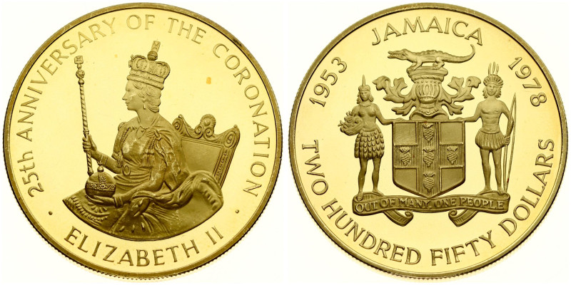 Jamaica. 250 Dollars 1978 Elizabeth II 25th Anniversary of Coronation. Gold .900...