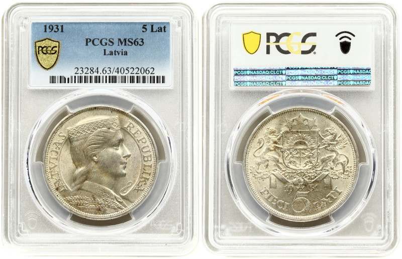Latvia. 5 Lati 1931. Silver. KM 9. PCGS MS63