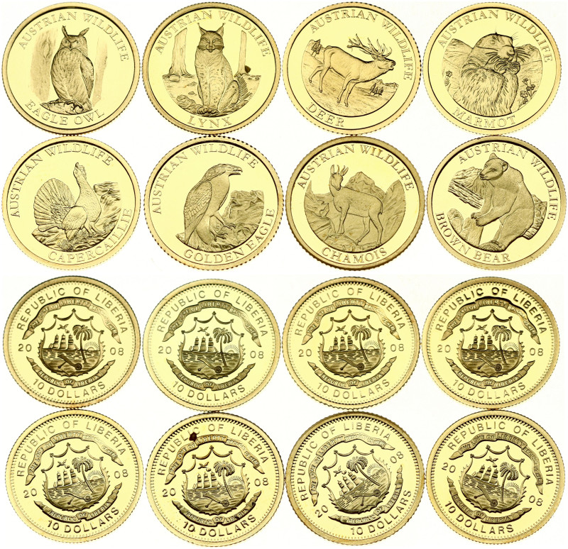 Liberia. 10 Dollars 2008 Set Austrian Wildlife. Gold .585 1.24 g x 8 pcs. In ori...