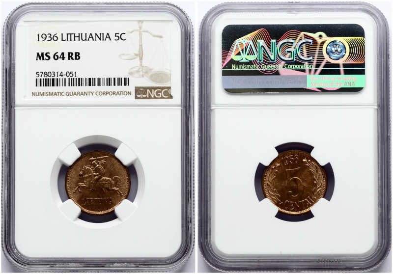 Lithuania. 5 Centai 1936. Bronze. KM 81, Ivanauskas 2013 3RP4-4. NGC MS 64 RB