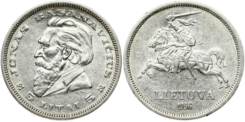 Lithuania 5 Litai 1936 Jonas Basanavičius. Obverse: National arms. Reverse: Dr. ...