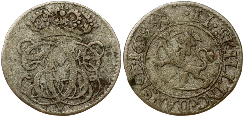 Norway 2 Skilling 1699 Christian V (1670-1699). Obverse: Norwegian lion holding ...