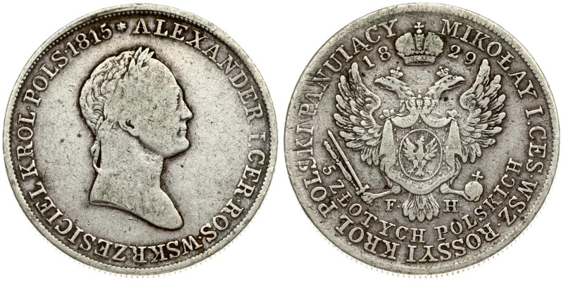 Russia For Poland 5 Zlotych 1829 FH. Nicholas I (1826-1855). Obverse: Laureate h...