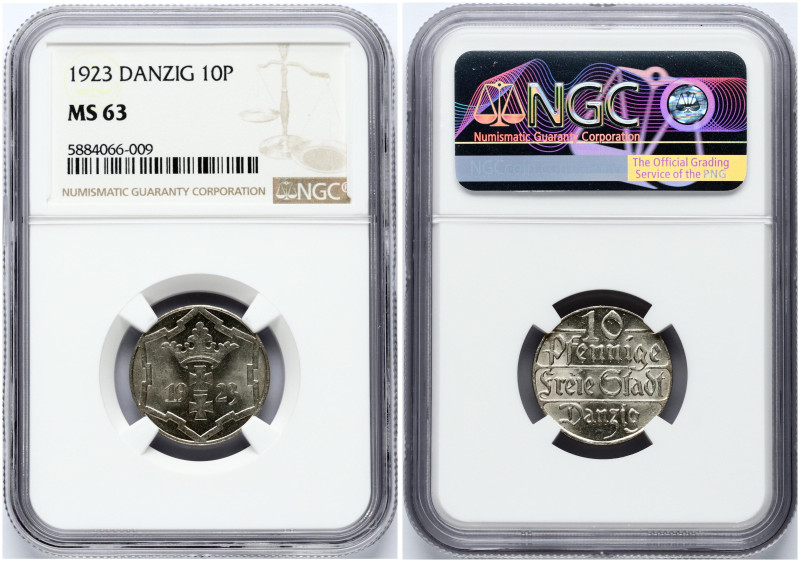 Poland Danzig 10 Pfennige 1923. Copper-nickel. KM-143. NGC MS 63