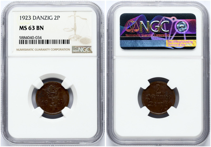 Poland Danzig 2 Pfennige 1923. Bronze. KM-141. NGC MS 63 BN