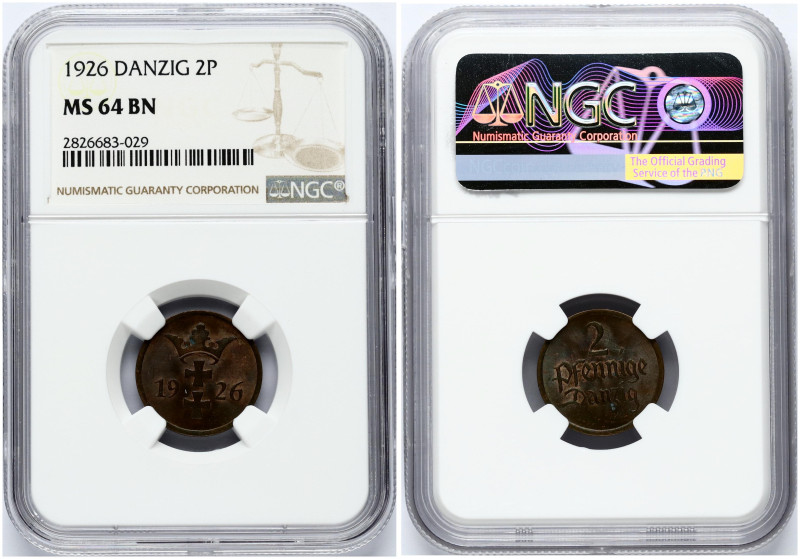 Poland Danzig 2 Pfennige 1926. Bronze. KM-141. NGC MS 64 BN