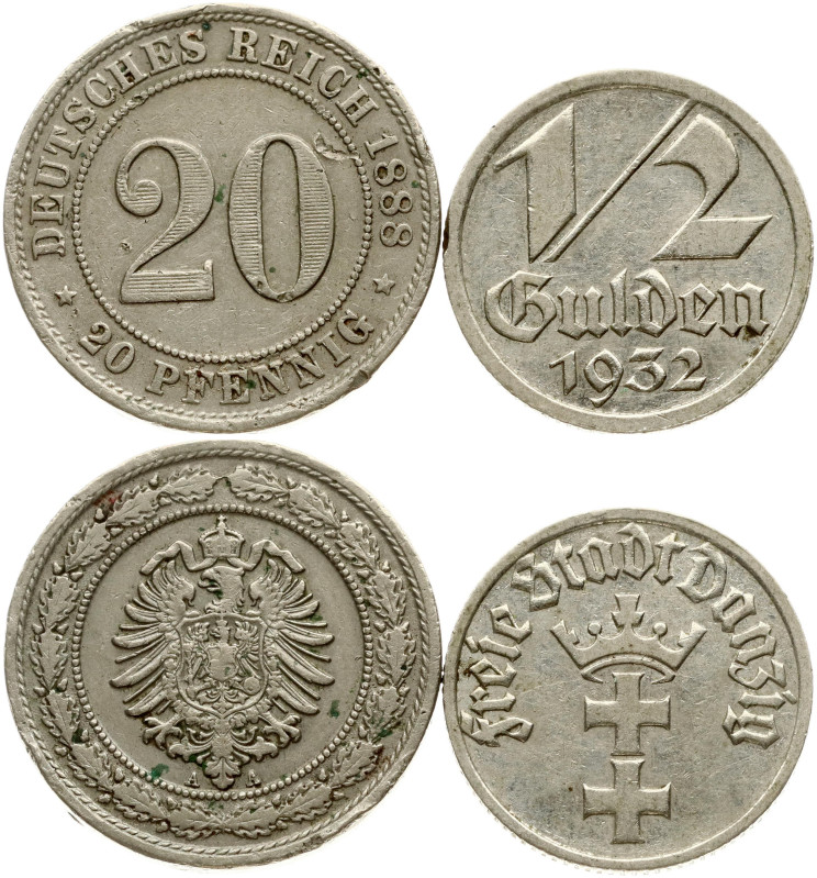 Poland Danzig 1/2 Gulden 1932 & Germany 20 Pfennig 1888A. Nickel 2.99g. & Copper...