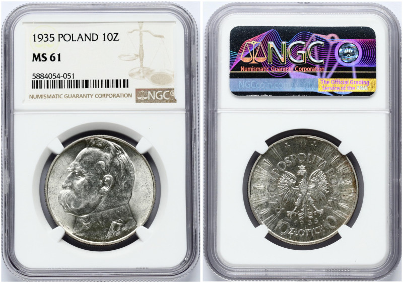 Poland 10 Zlotych 1935 Jozef Pilsudski. Silver. Y-29. NGC MS 61