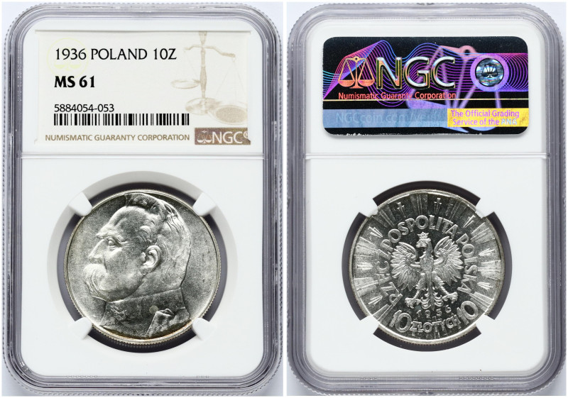 Poland 10 Zlotych 1936 Jozef Pilsudski. Silver. Y-29. NGC MS 61