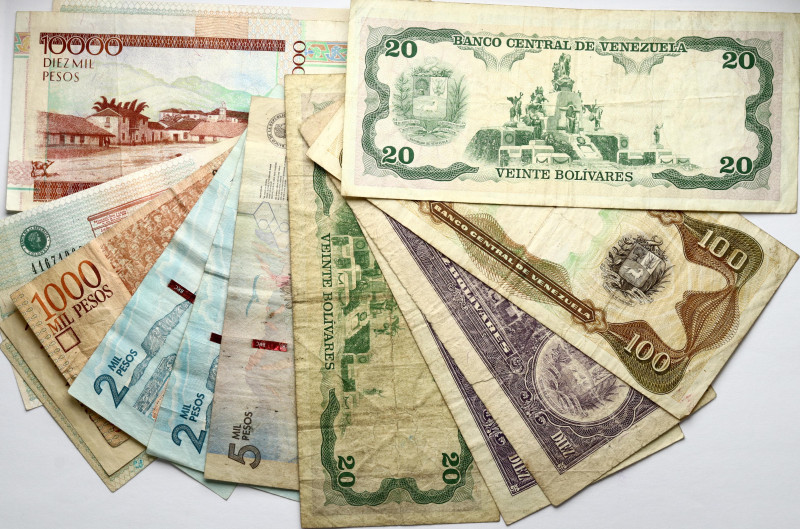 Colombia & Venezuela 2-10000 Pesos & 10-100 Bolivares (1990-2015). Banknotes. Lo...
