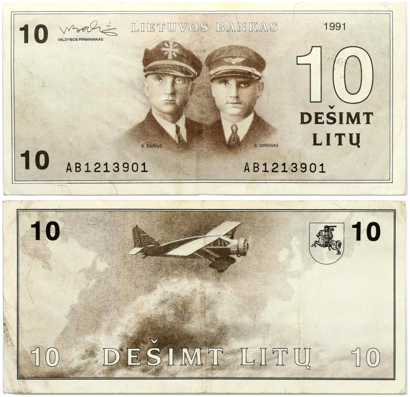 Lithuania 10 Litų 1991 Darius and Girėnas Banknote. S/N AB 1213901. P-47