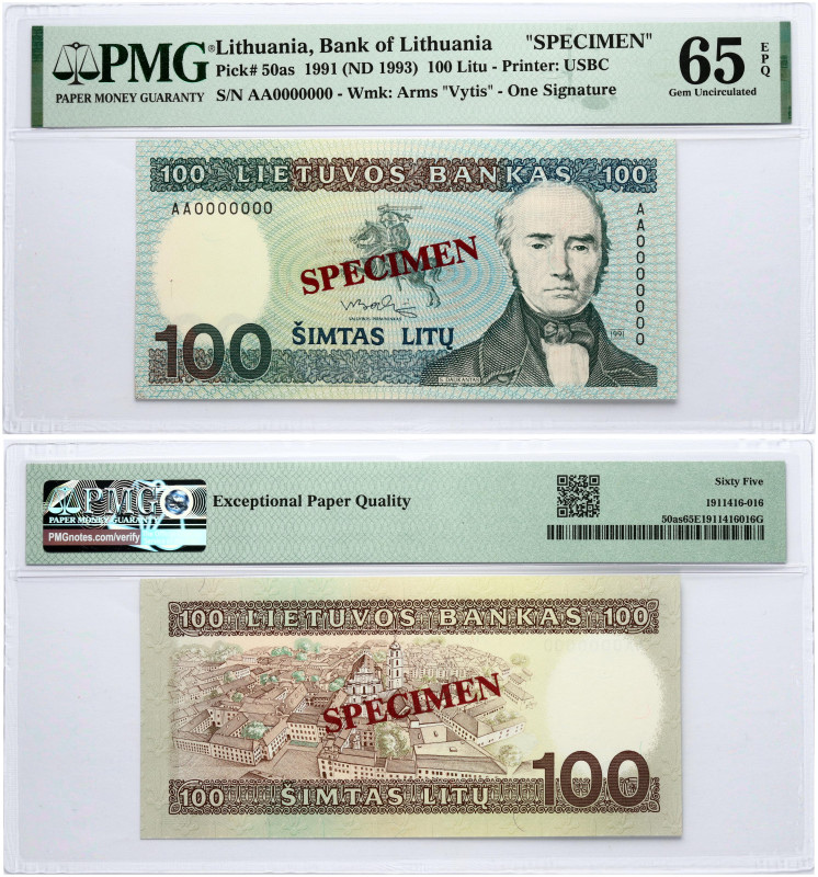 Lithuania 100 Litų 1991 (ND1993) Daukantas Banknote SPECIMEN. S/N AA0000000 One ...