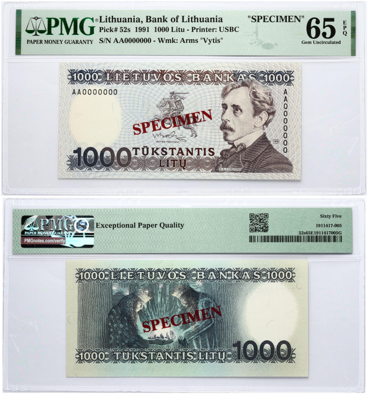 Lithuania 1000 Litų 1991 Čiurlionis SPECIMEN. S/N AA0000000. P-52s. PMG 65 EPQ