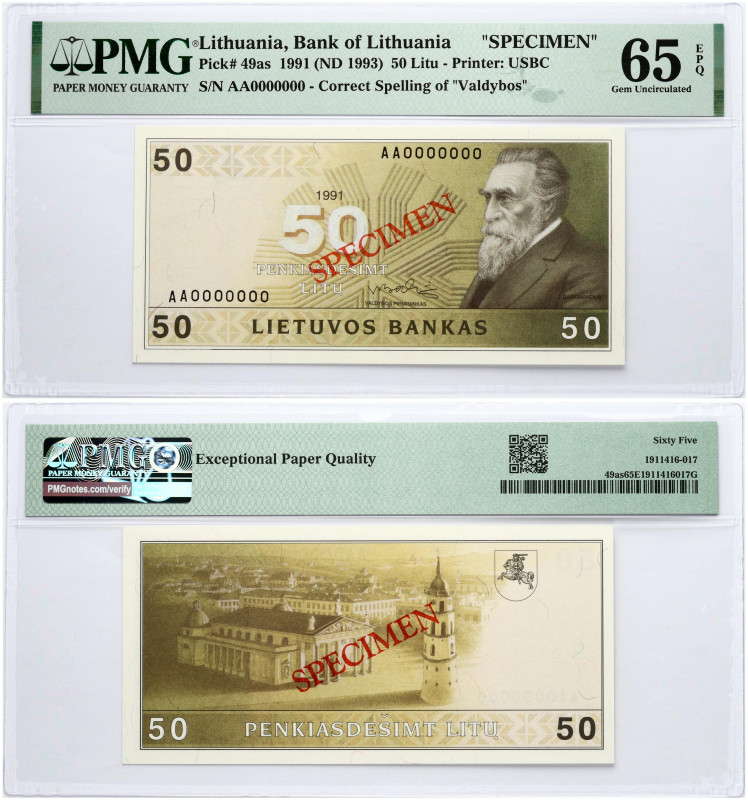 Lithuania 50 Litų 1991 (ND 1993) Basanavičius Banknote PAVYZDYS- SPECIMEN. S/N A...