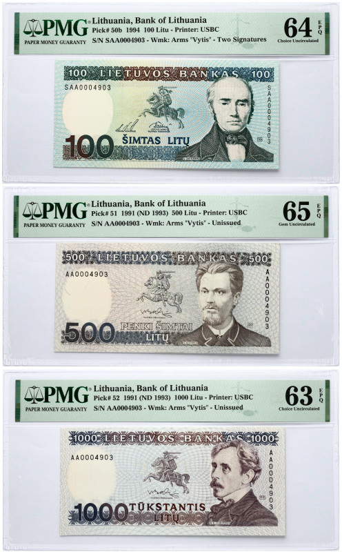 Lithuania 100 & 500 & 1000 Litų (1991-1994) Banknotes SET. S/N SAA0004903. P-50b...