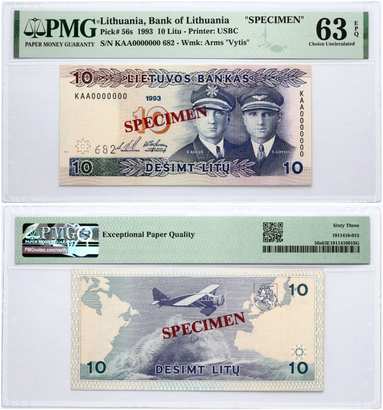 Lithuania 10 Litų 1993 Darius and Girėnas Banknote PAVYZDYS- SPECIMEN. S/N KAA00...