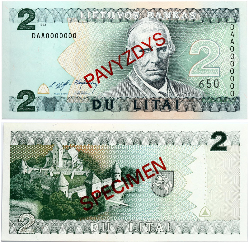 Lithuania 2 Litai 1993 Motiejus Valančius Banknote PAVYZDYS- SPECIMEN. S/N DAA00...