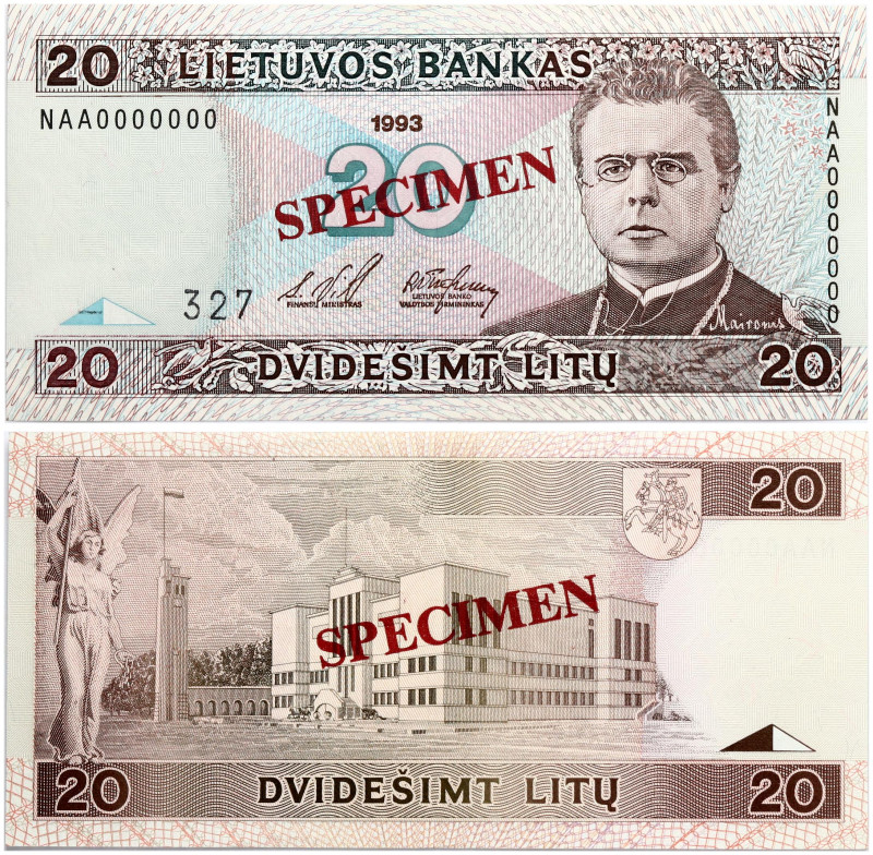 Lithuania 20 Litų 1993 Maironis Banknote PAVYZDYS- SPECIMEN. S/N NAA0000000 № 32...