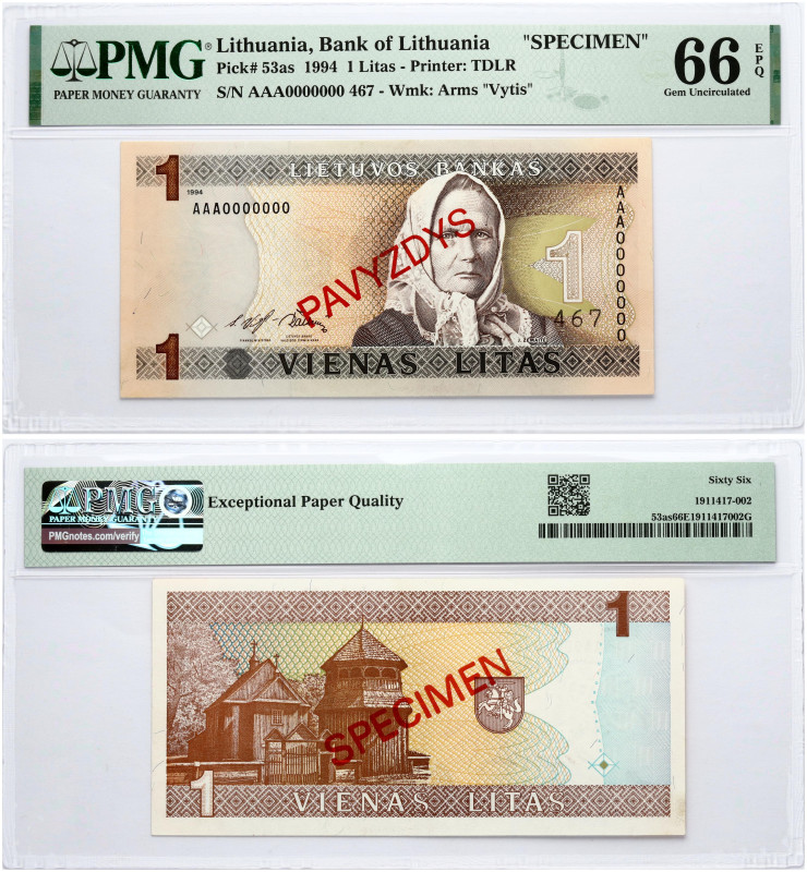 Lithuania 1 Litas 1994 Žemaitė Banknote PAVYZDYS- SPECIMEN. S/N AA0000000 № 467....