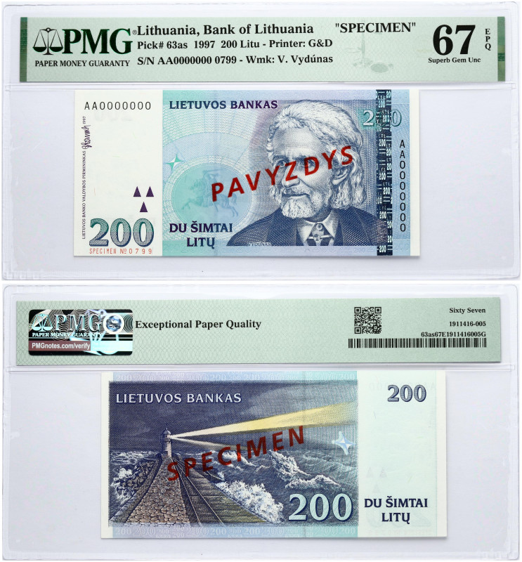 Lithuania 200 Litų 1997 Vydūnas PAVYZDYS- SPECIMEN. S/N AA0000000 №0799. P-63as....
