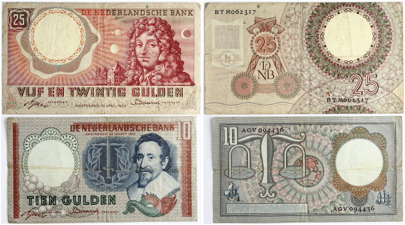 Netherlands 10 & 25 Gulden (1953-1955) Banknotes. Juliana (1948-1980). Pick-85; ...
