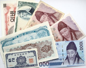 South Korea & North Korea 10 Jeon - 1000 Won (1947-2007) Banknotes Lot of 8 Banknotes