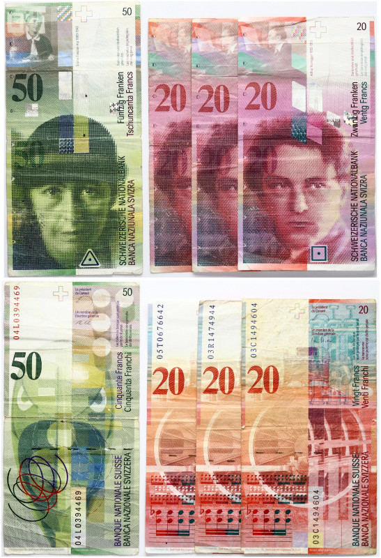 Switzerland 20 & 50 Francs (1994-2014) Banknotes. Lot of 4 Banknotes
