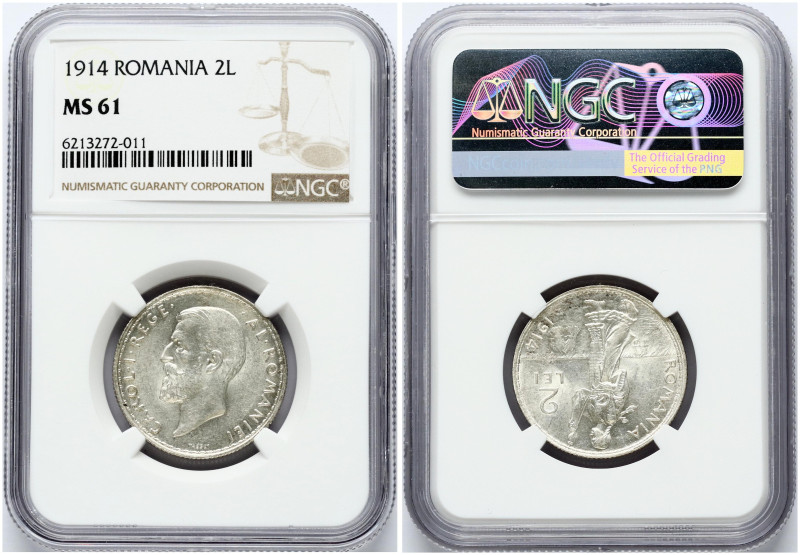 Romania 2 Lei 1914 Carol I (1881-1914). Obverse: Bearded head left. Lettering: C...