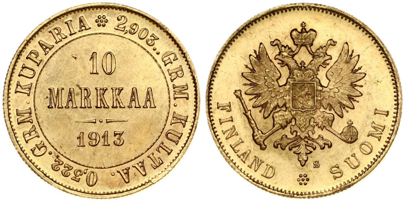 Russia for Finland. Nicholas II (1894-1917). 10 Markkaa 1913 S. Gold 3.22g. Fr. ...