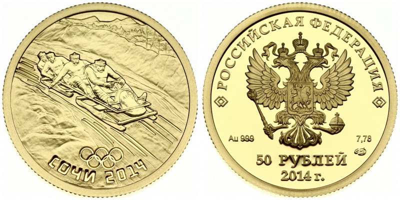 Russia 50 Roubles 2014 Winter Olympics Sochi Bobsleigh. Gold .999 7.78 g. Y 1300