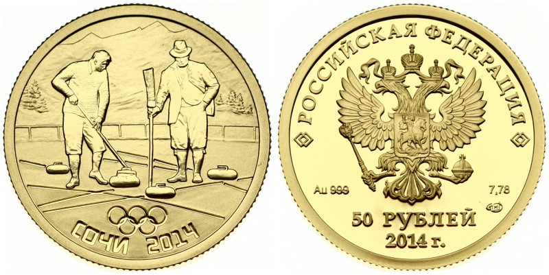 Russia. 50 Roubles 2014 Winter Olympics Sochi Curling. Gold .999 7.84 g. Y 1301