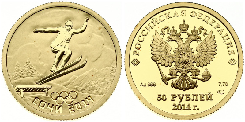 Russia. 50 Roubles 2014 Winter Olympics Sochi Ski jumping. Gold .999 7.78 g. Y 1...