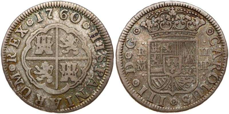 Spain. Carlos III (1759-1788). 2 Reales 1760 MJP. Silver 5.52 g. KM-388. Patina
