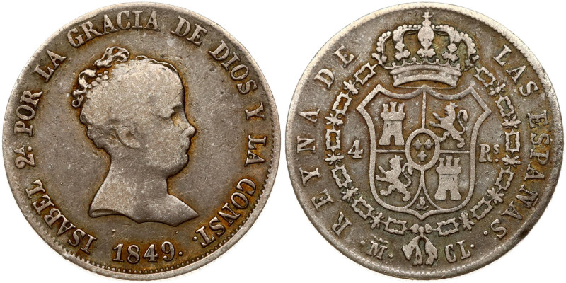 Spain. Isabella II (1833-1868). 4 Reales 1849 M CL. Silver 5.05 g. Old patina. K...