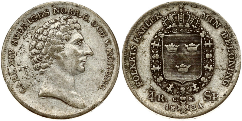 Sweden 1/4 Riksdaler 1834 CB Charles XIV John (1818-1844). Obverse: Head right. ...