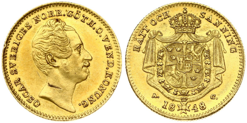 Sweden. Oscar I (1844-1859). Ducat 1848 AG. Gold 3.48g. Fr. 90a, KM 668. Scratch...