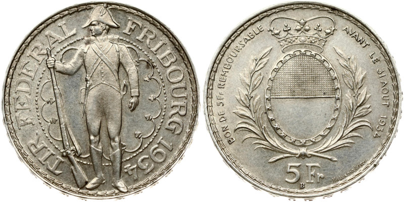 Switzerland 5 Francs 1934 Fribourg Shooting Festival. Silver 15.00g. Y-44