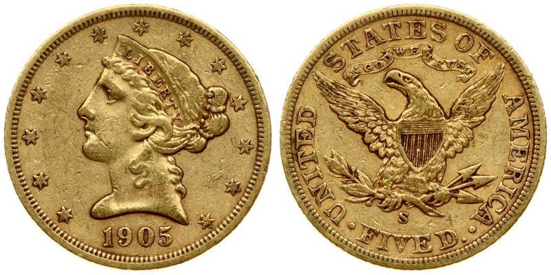 USA. 5 Dollars 1905 S San Francisco. Liberty Head. Gold. Fr. 145, KM 101