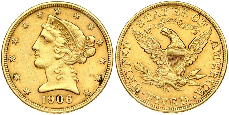 USA 5 Dollars 1906 D 'Liberty / Coronet Head - Half Eagle' Denver. Obverse: Bust...